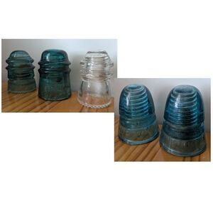 Lot of 5 Vintage Glass Insulators - Hemingray - Blue, Clear